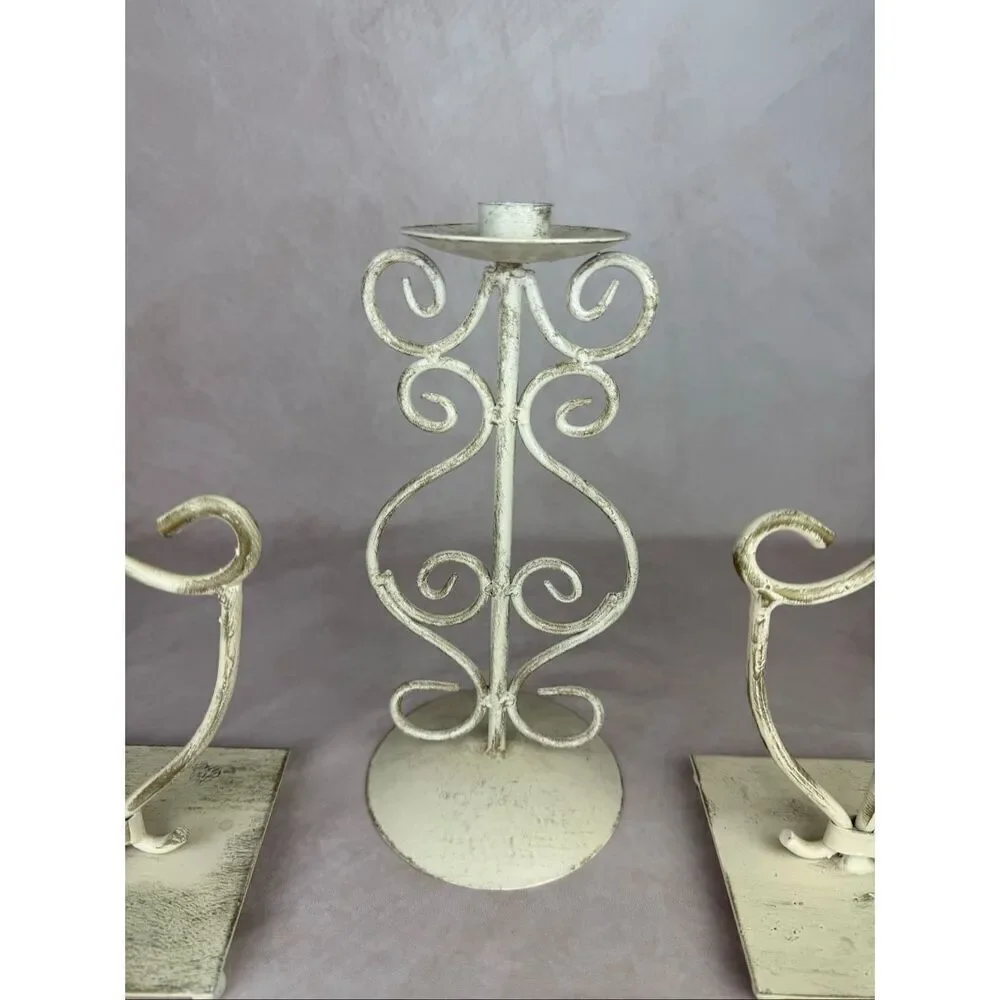 Vintage 90s Ivory Iron Candlestick Holders Scroll Cottagecore Shabby Chic Set of